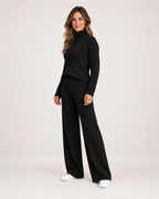 Women’s Knitted Co-Ord Set with Roll Neck and Wide Leg Trousers in Black, lower body product focus view