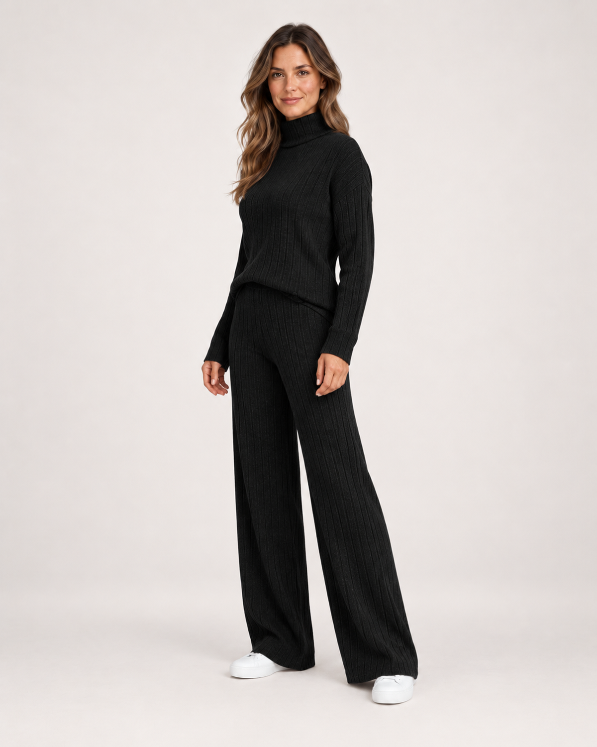 Women’s Knitted Co-Ord Set with Roll Neck and Wide Leg Trousers in Black, lower body product focus view