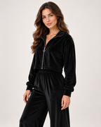 Women’s Loungewear Set with Zip Up Top and Wide Leg Trousers in Black, full body view