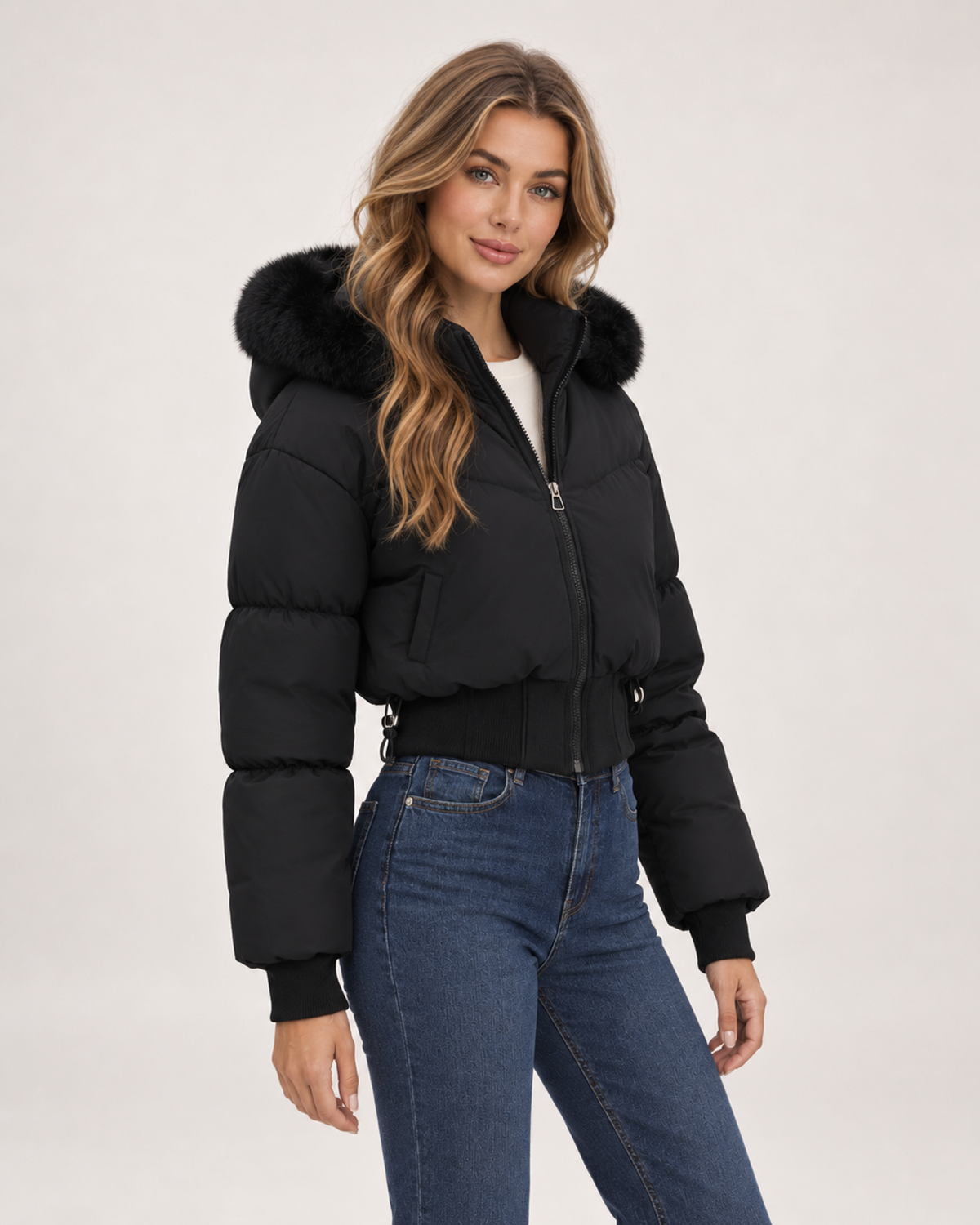 Women’s Puffer Jacket with Cropped Shape and Detachable Hood Trim in Black, short outerwear product focus view