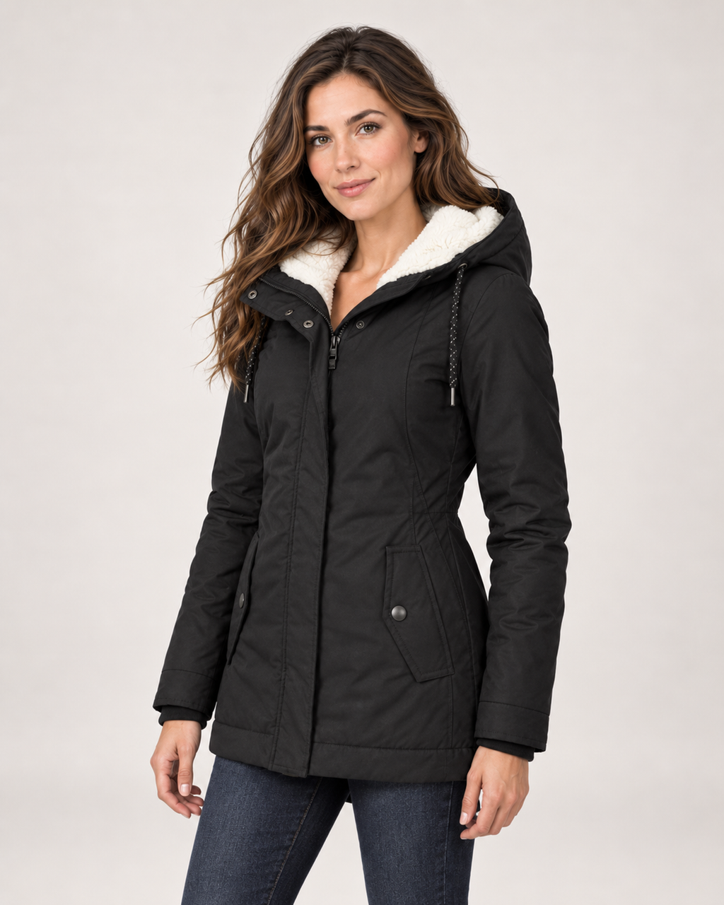 Women’s Fleece Lined Jacket with Hood and Zip Front in Black, short outerwear product focus view