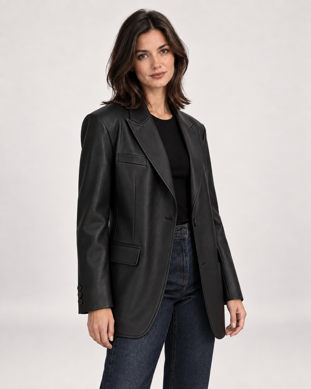 Women’s Faux Leather Blazer with Oversized Fit in Black, short outerwear product focus view