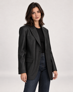 Women’s Faux Leather Blazer with Oversized Fit in Black, short outerwear product focus view
