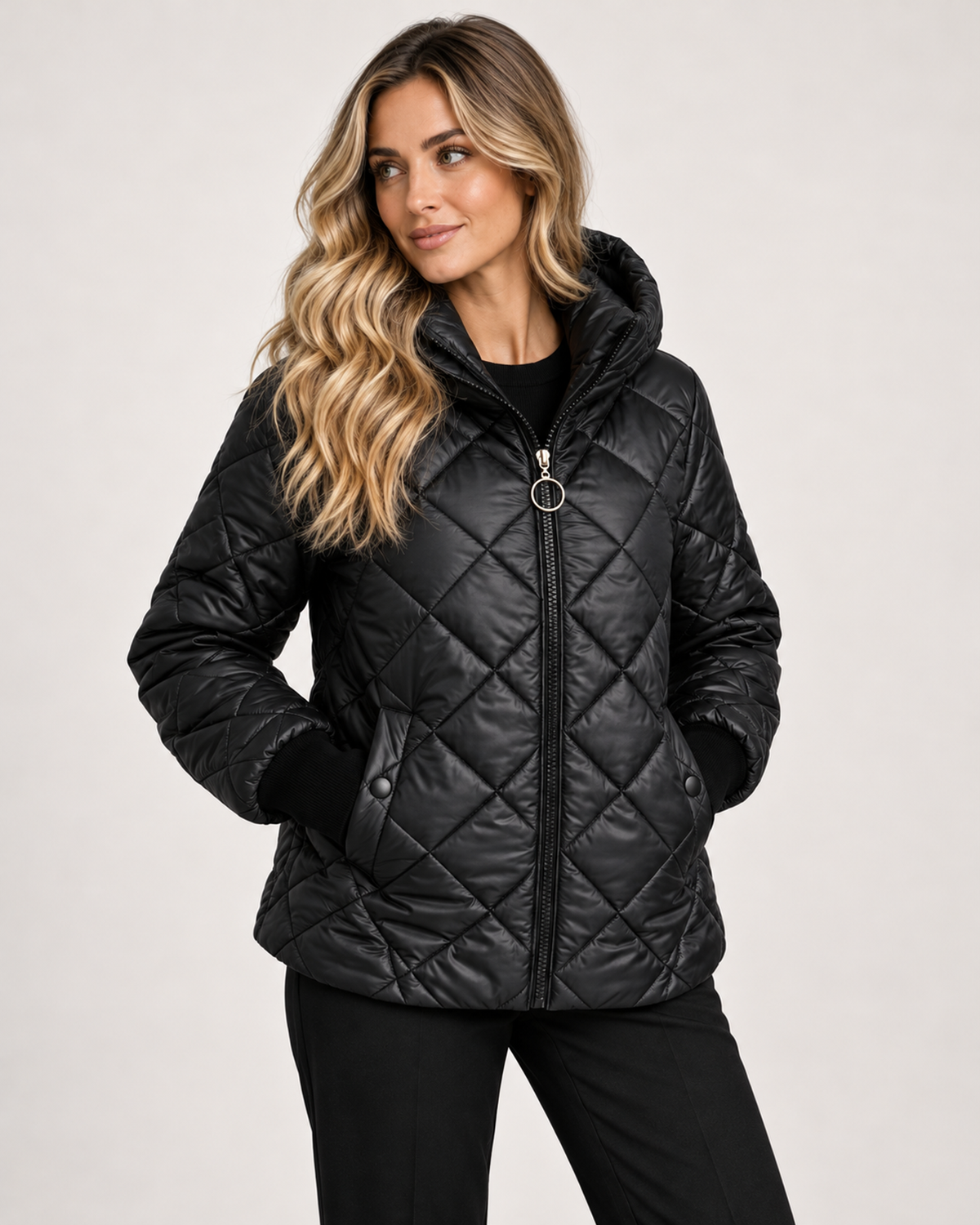 Women’s Quilted Jacket with Hood and Zip Front in Black, lower body product focus view