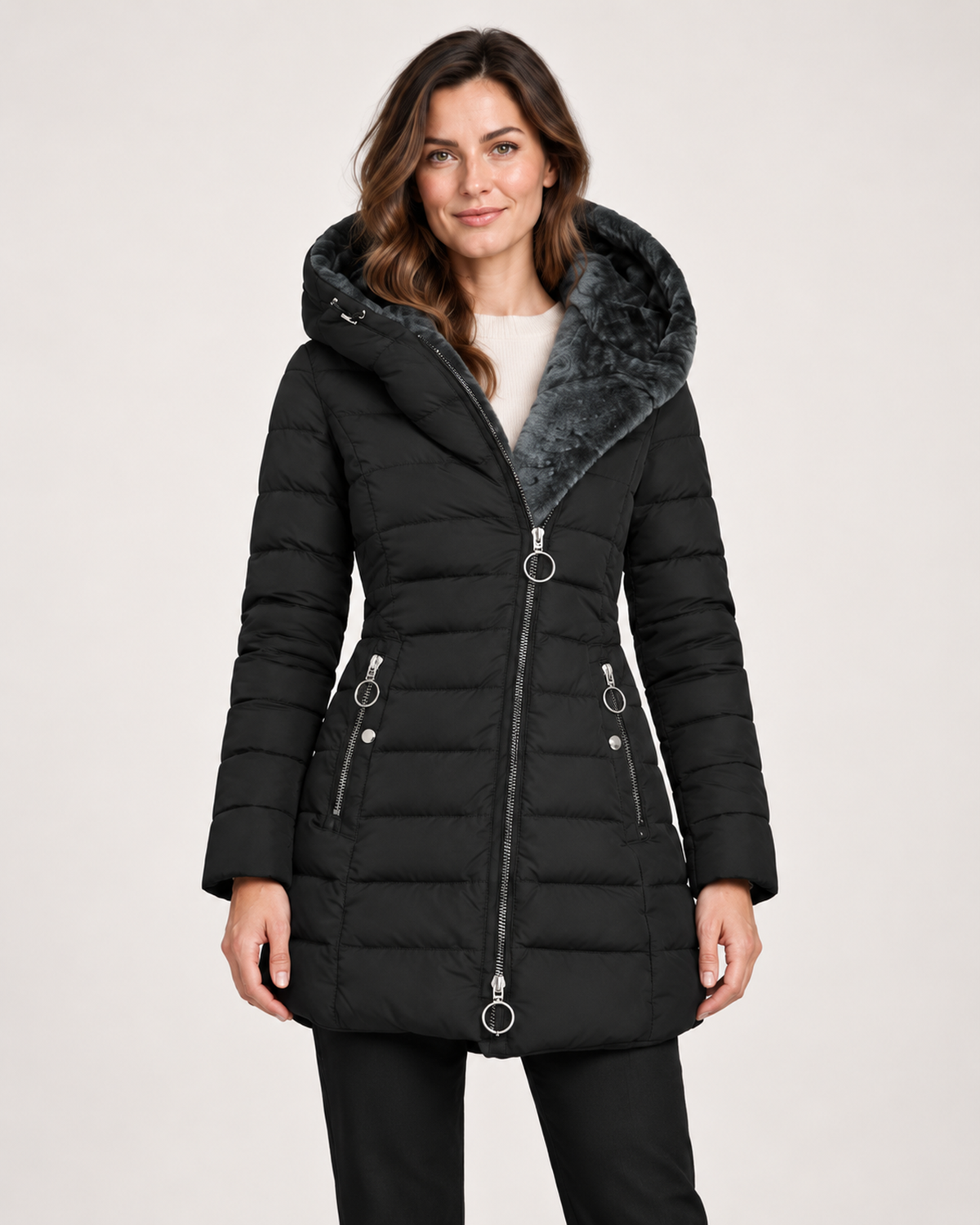 Women’s Long Puffer Jacket with Hood and Asymmetric Zip in Black, short outerwear product focus view