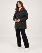 Women’s Quilted Jacket with Contrast Collar in Black, short outerwear product focus view