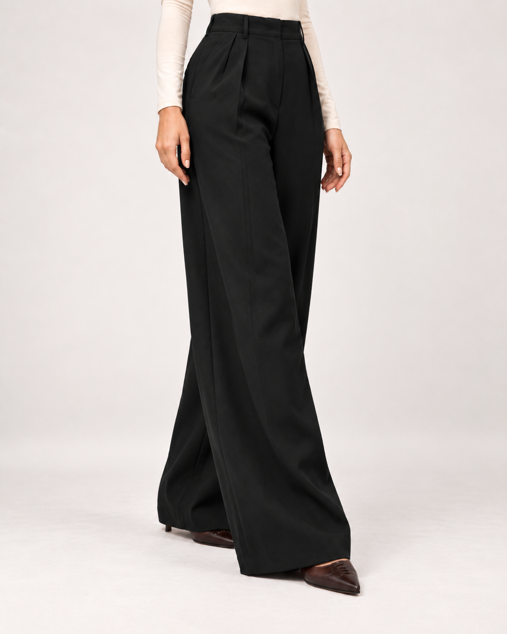 Women’s Wide Leg Trousers with High Waist and Side Pockets in Black, lower body product focus view