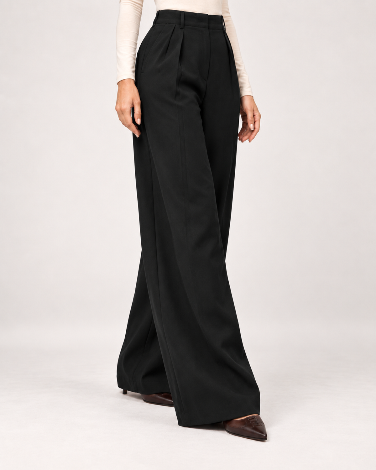 Women’s Wide Leg Trousers with High Waist and Side Pockets in Black, lower body product focus view