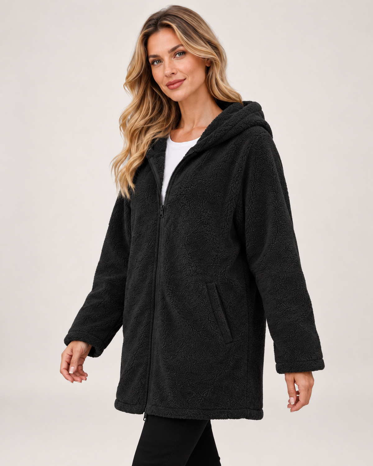 Women’s Fleece Jacket with Hood and Zip Front in Black, short outerwear product focus view