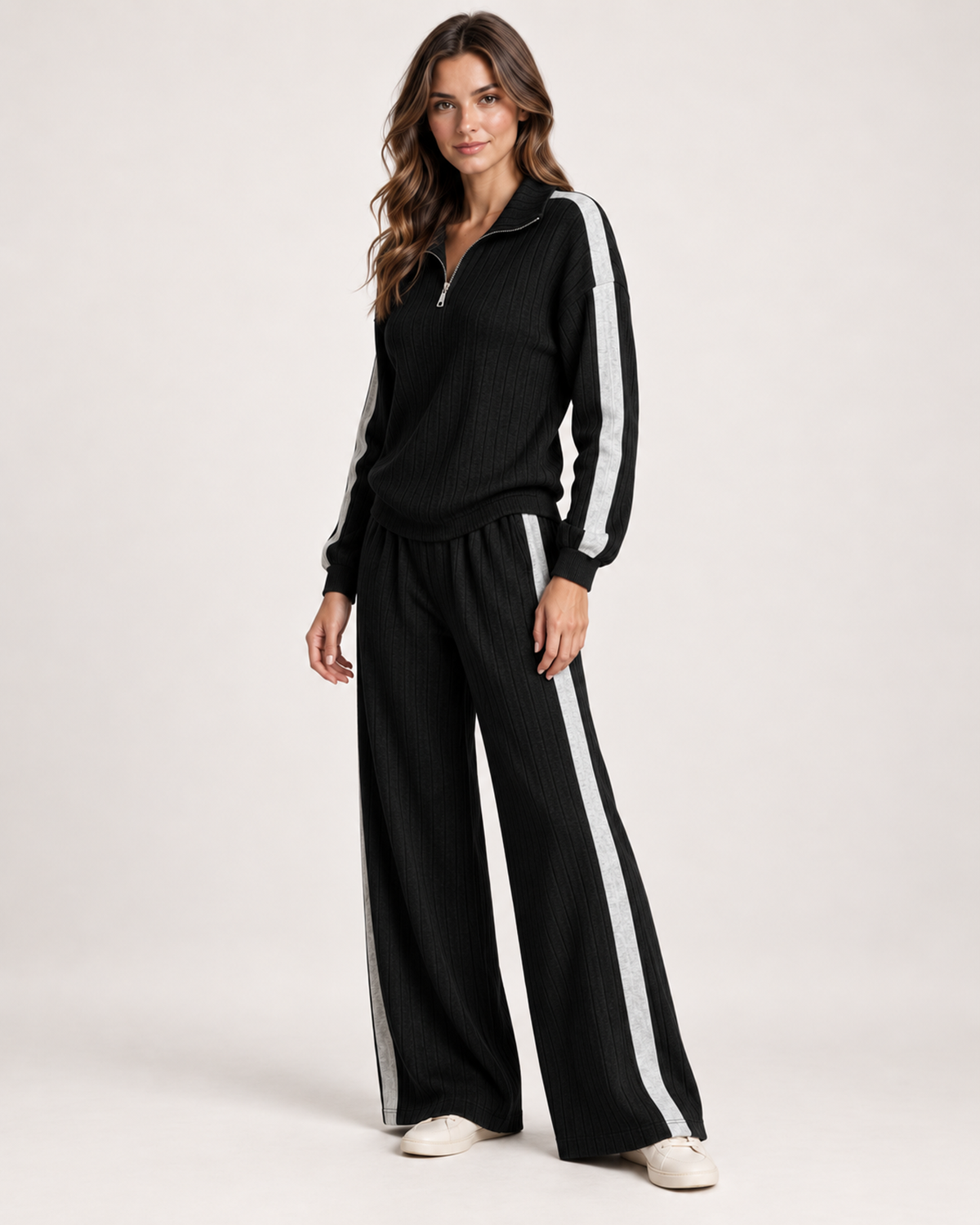 Women’s Co-Ord Set with Half Zip Top and Wide Leg Trousers in Black, lower body product focus view