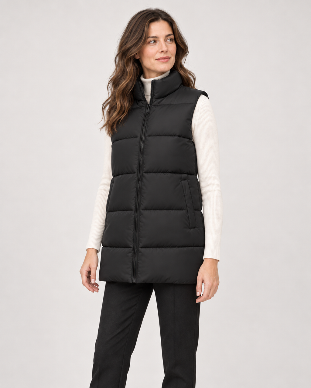 Women’s Puffer Gilet with Longline Shape and Stand Collar in Black, full body view