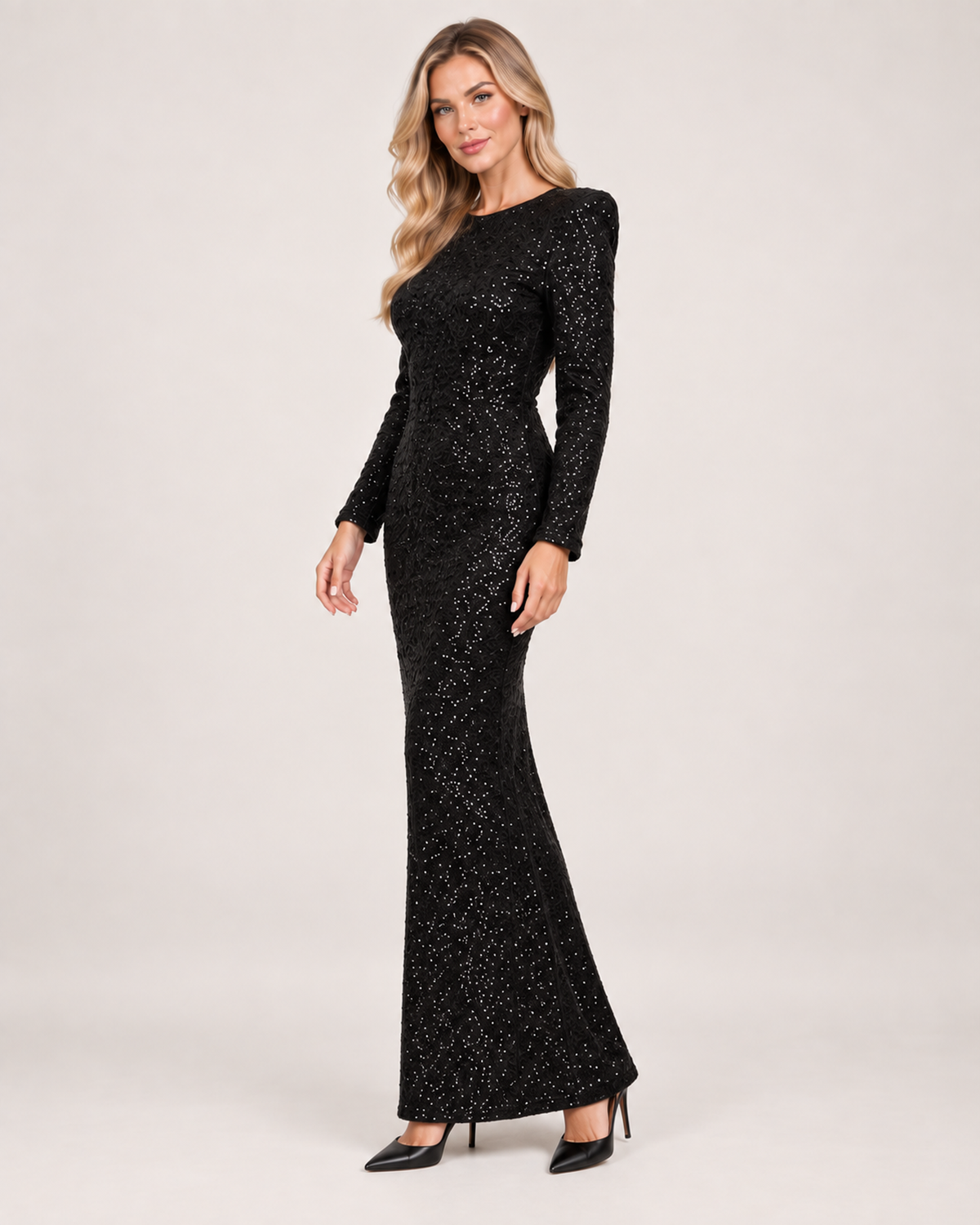 Women’s Long Sleeve Sequin Dress with Open Back Bow in Black, full body view
