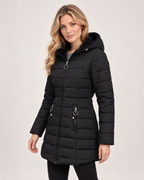 Women’s Quilted Jacket with Hood and Longline Shape in Black, short outerwear product focus view