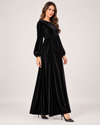 Women’s Velvet Maxi Dress with Draped Waist in Black, lower body product focus view
