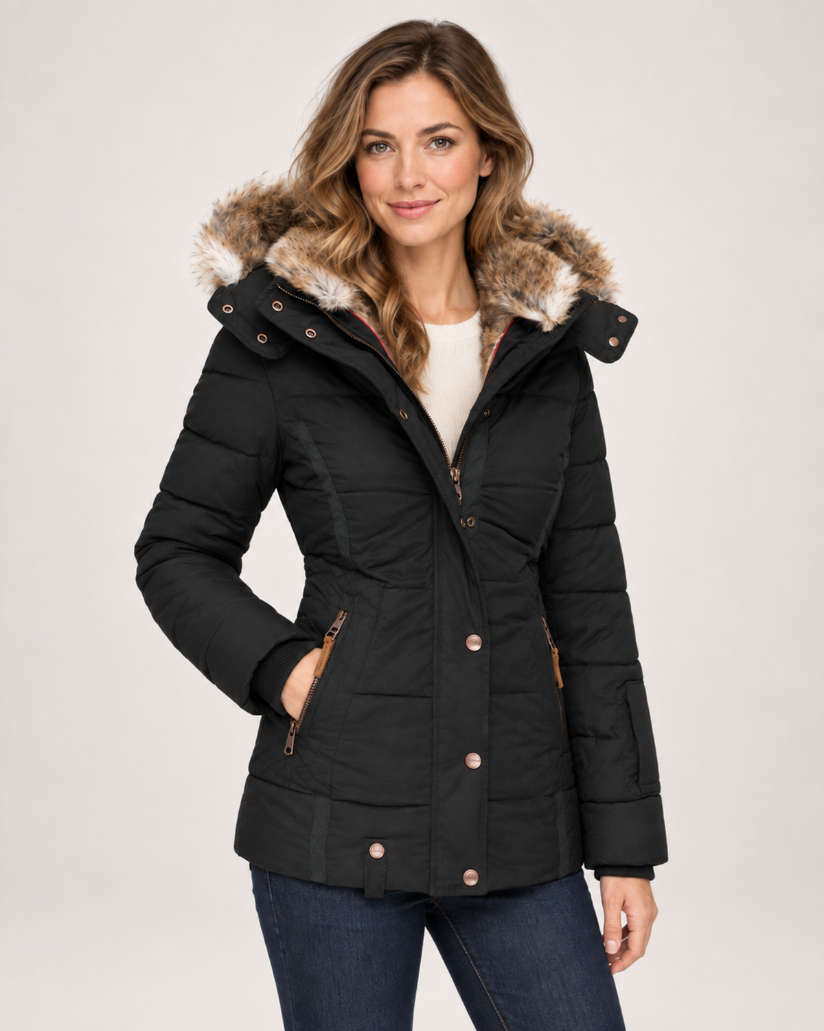 Women’s Puffer Jacket with Faux Fur Hood in Black, short outerwear product focus view