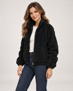 Women’s Fleece Jacket with Funnel Neck and Zip Front in Black, short outerwear product focus view