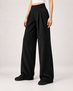 Women’s Wide Leg Trousers with High Waist and Front Pleats in Black, lower body product focus view