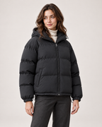 Women’s Puffer Jacket with Hood and Drawcord Hem in Black, short outerwear product focus view