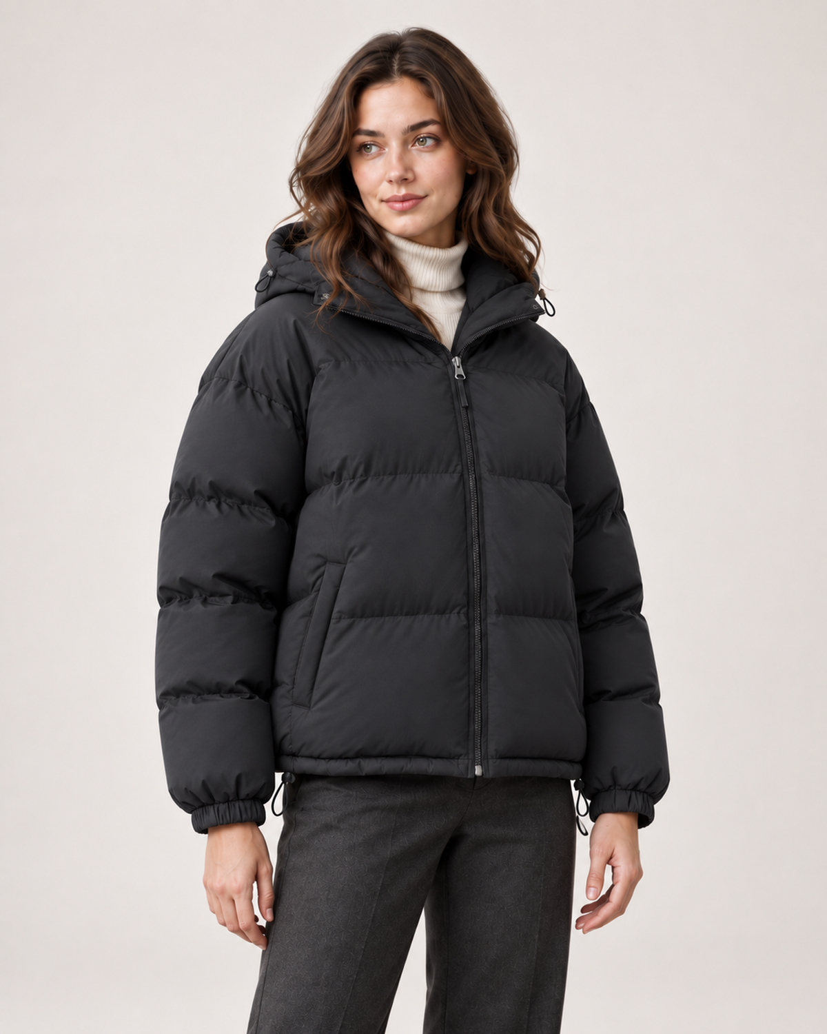 Women’s Puffer Jacket with Hood and Drawcord Hem in Black, short outerwear product focus view