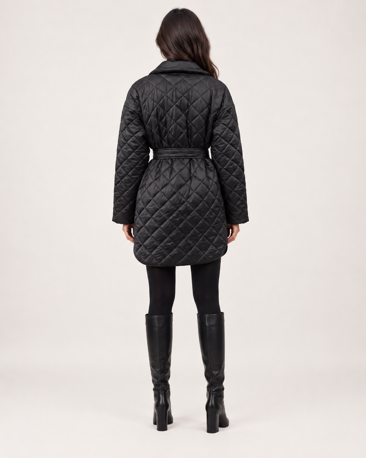 Women’s Quilted Coat with Belt and Lapel Collar in Black, short outerwear product focus view