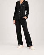 Women’s Pyjama Set in Modal with Contrast Piping in Black, lower body product focus view