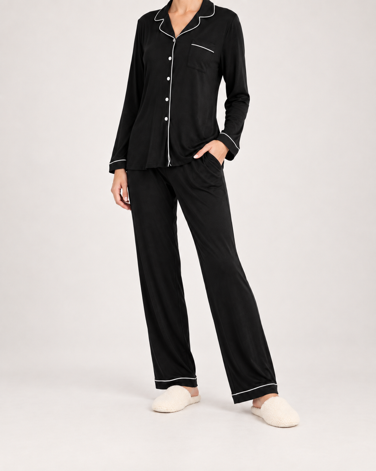 Women’s Pyjama Set in Modal with Contrast Piping in Black, lower body product focus view