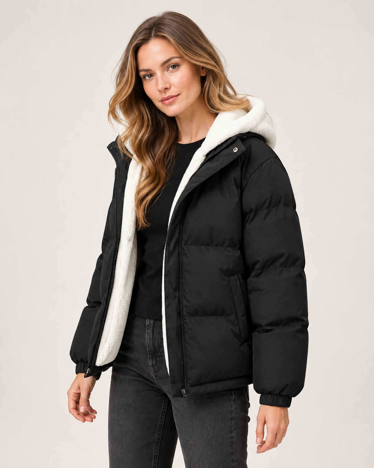Women’s Puffer Jacket with Hood and Zip Front in Black, short outerwear product focus view
