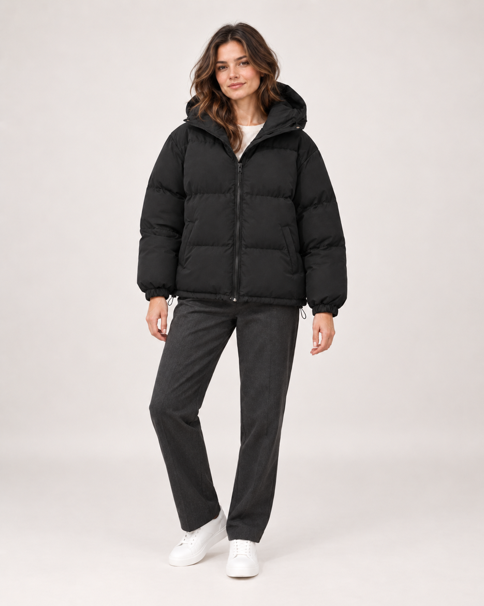 Women’s Puffer Jacket with Hood and Zip Front in Black, three quarter body view