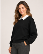 Women’s Collared Jumper with Layered Shirt Detail in Black, upper body product focus view