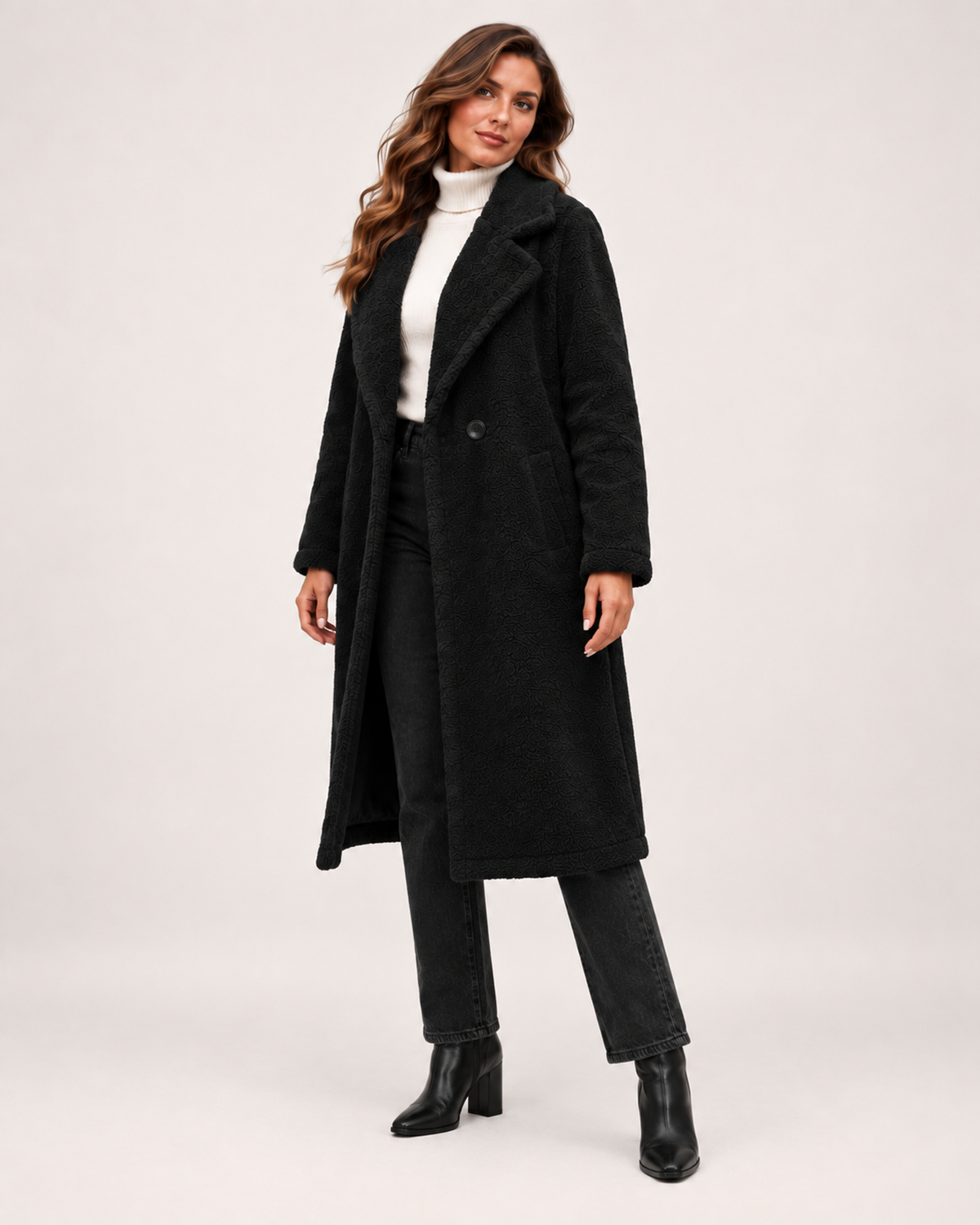 Women’s Borg Coat with Long Shape and Lapel Collar in Black, short outerwear product focus view