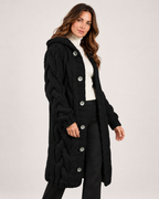 Women’s Longline Cardigan with Cable Knit and Hood in Black, full body view