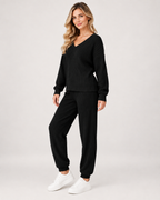 Women’s Loungewear Set with Ribbed Finish and V Neck in Black, lower body product focus view