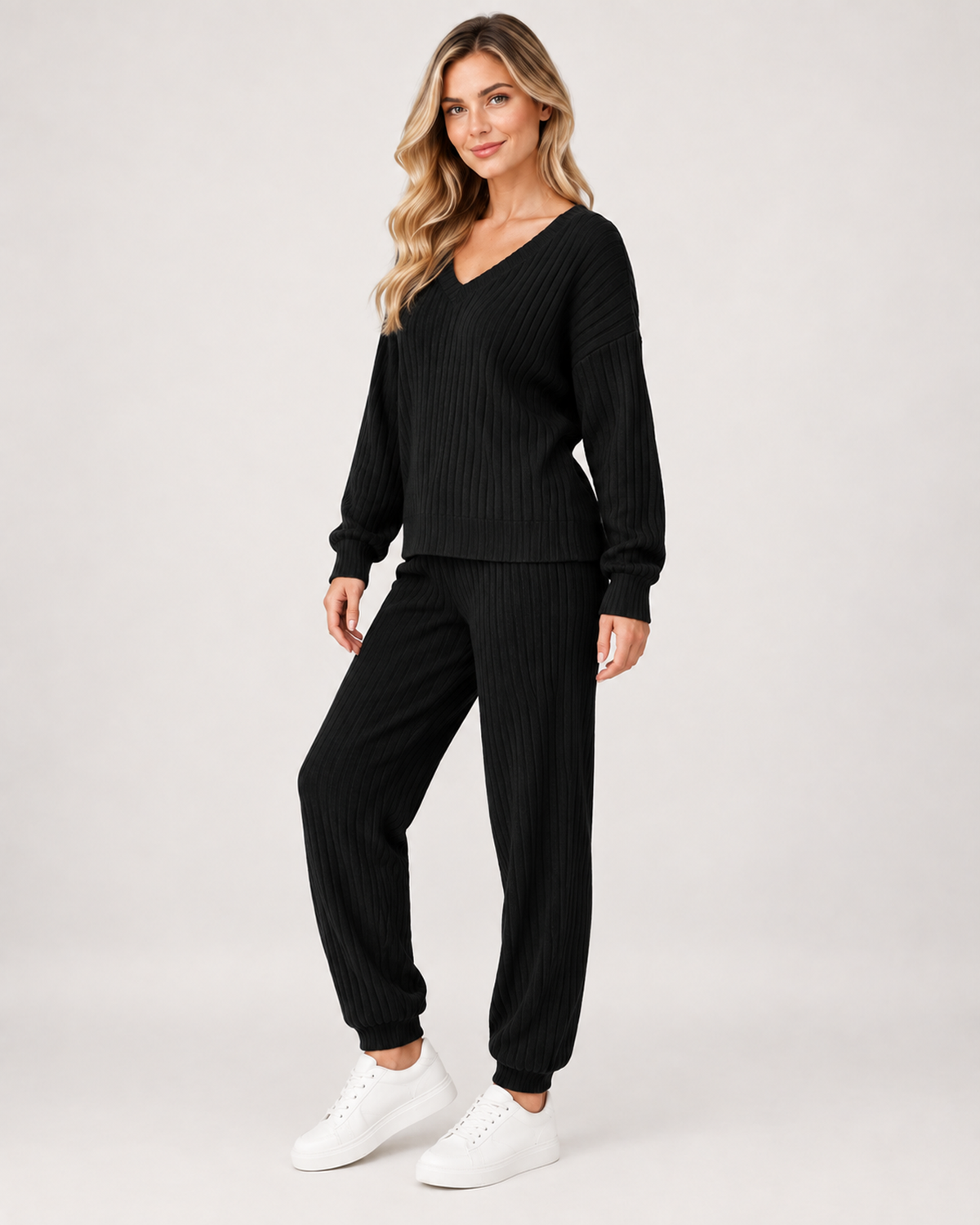 Women’s Loungewear Set with Ribbed Finish and V Neck in Black, lower body product focus view