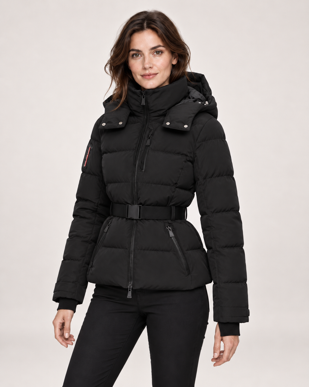 Women’s Ski Jacket in Black with Belt and Hood in Black, short outerwear product focus view