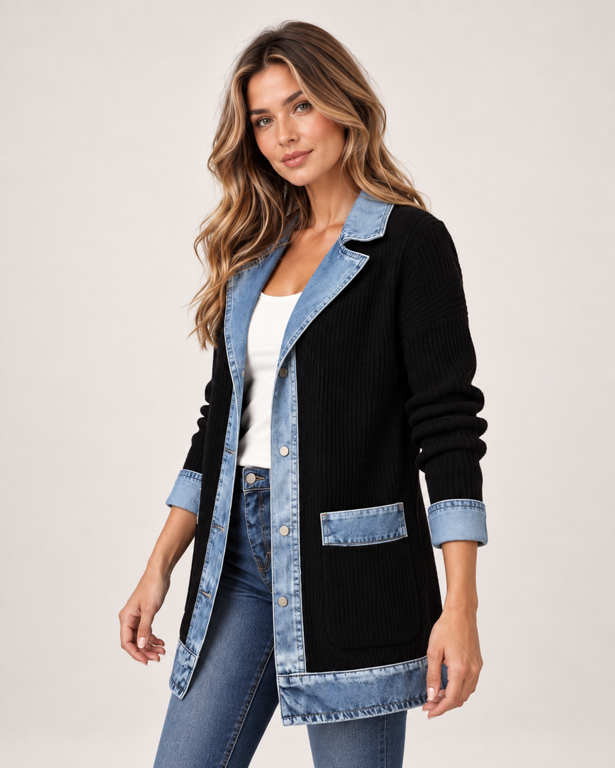 Women’s Coatigan with Denim Collar and Button Front in Black, short outerwear product focus view
