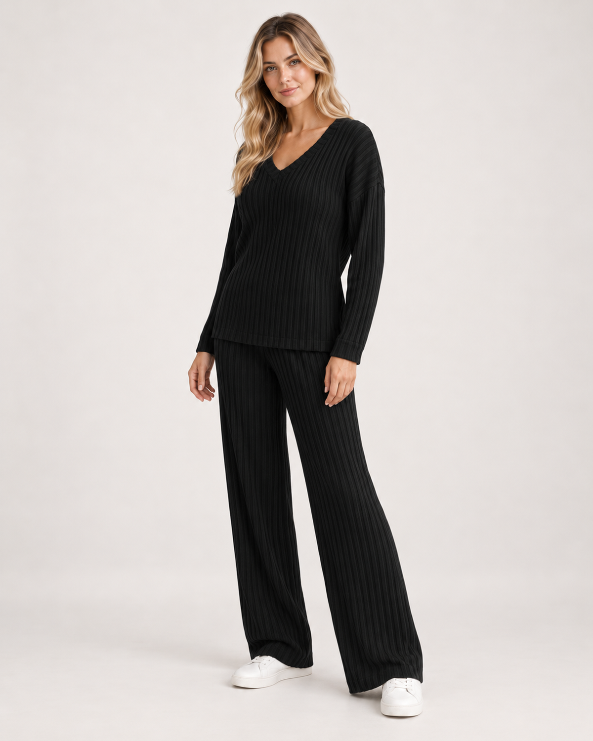 Women’s Co-Ord Set with Ribbed V-Neck Top and Wide Leg Trousers in Black, full body view