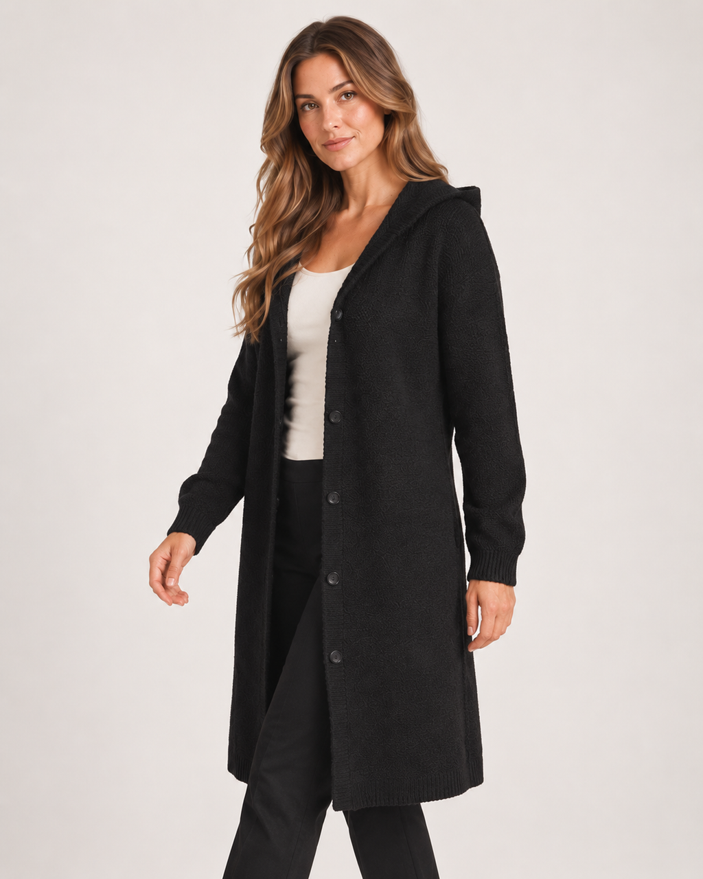 Women’s Longline Cardigan with Hood and Button Front in Black, upper body product focus view