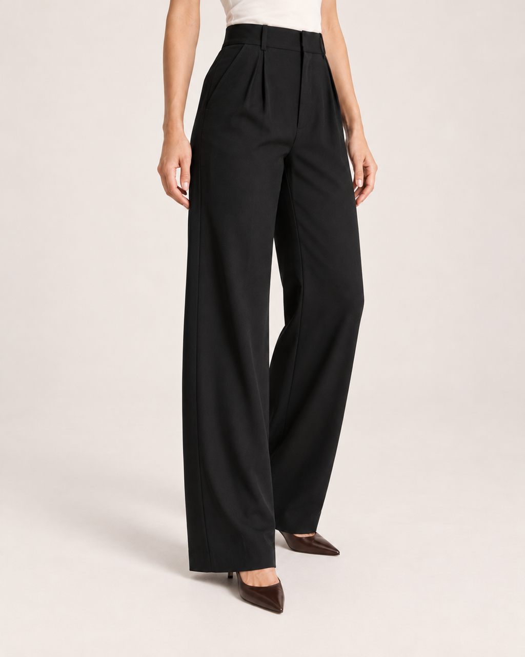 Women’s Wide Leg Trousers with High Waist and Pockets in Black, lower body product focus view