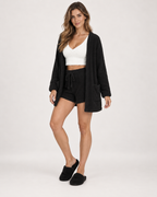 Women’s Pyjama Set with Cardigan, Vest and Shorts in Black, lower body product focus view