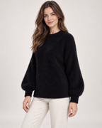 Women’s Fluffy Jumper with Crew Neck in Black, upper body product focus view