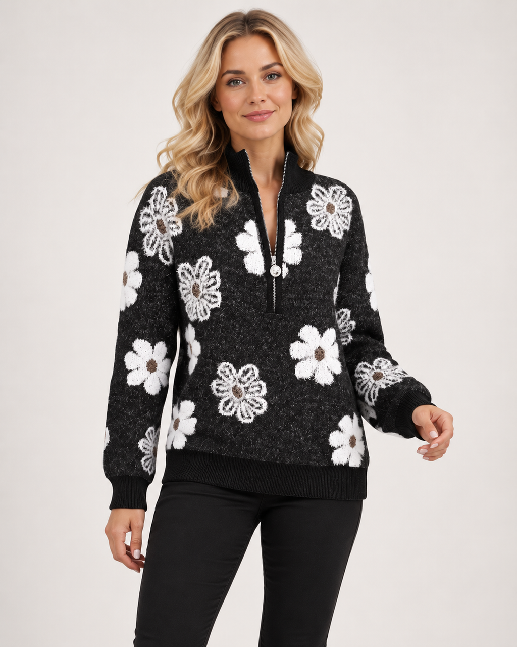 Women’s Half-Zip Jumper with Floral Pattern in Black, upper body product focus view