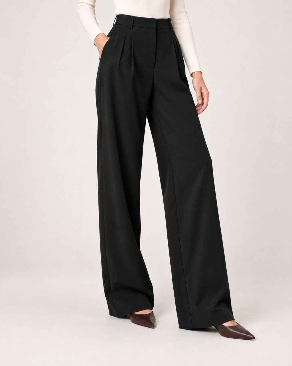 Women’s Straight Leg Trousers with High Waist and Front Pleats in Black, lower body product focus view