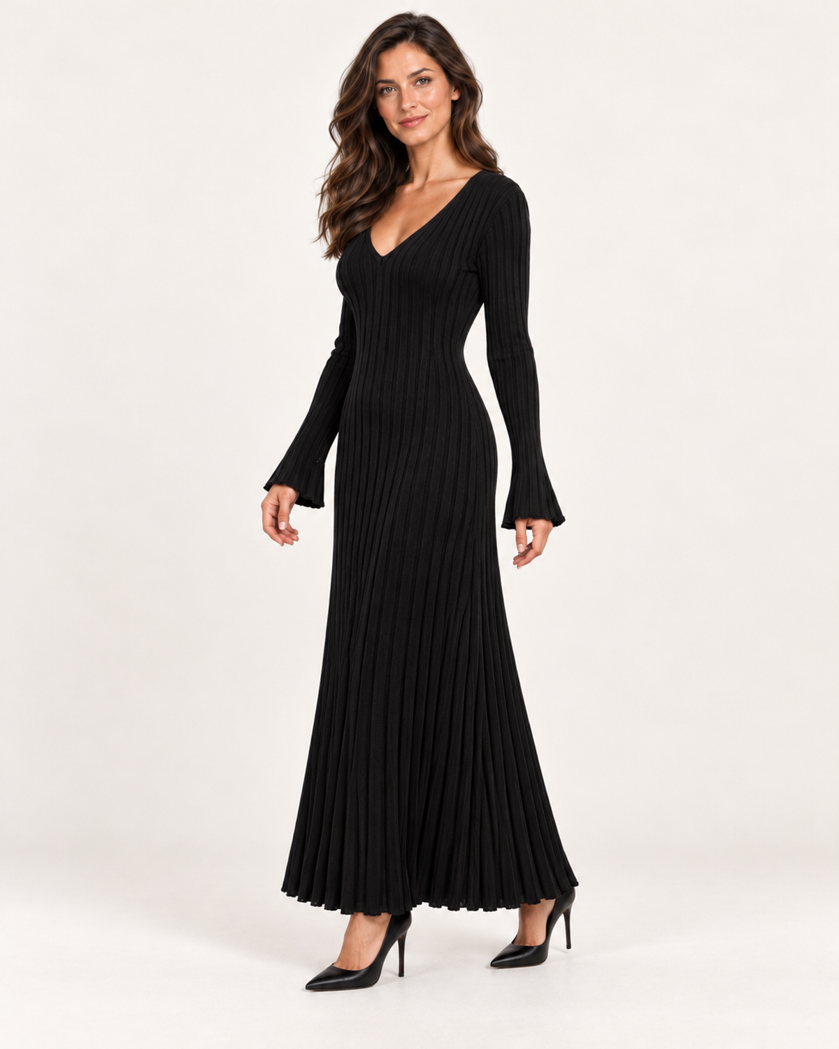 Women’s Knitted Dress with V Neck and Pleated Maxi Skirt in Black, lower body product focus view