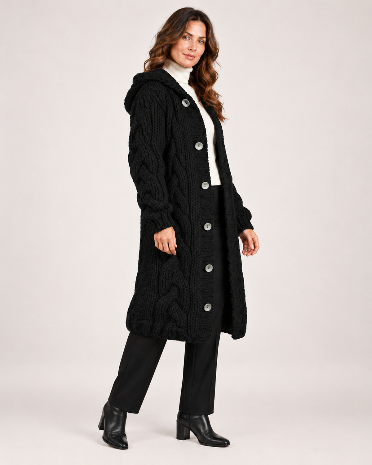 Women's Longline Cardigan with Cable Knit and Hood product view