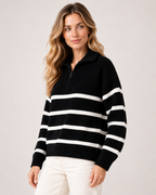 Women's Striped Jumper Half Zip Collared Knit Style product view