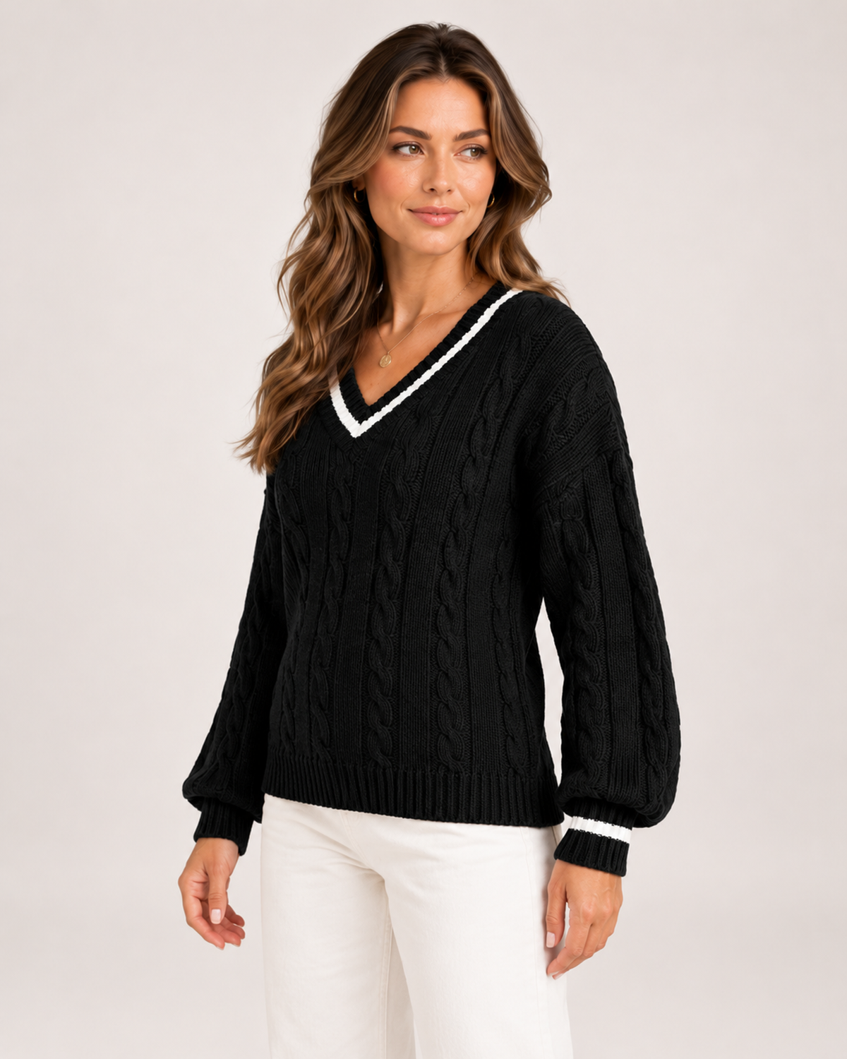 Women's V Neck Cable Knit Jumper with Contrast Trim product view
