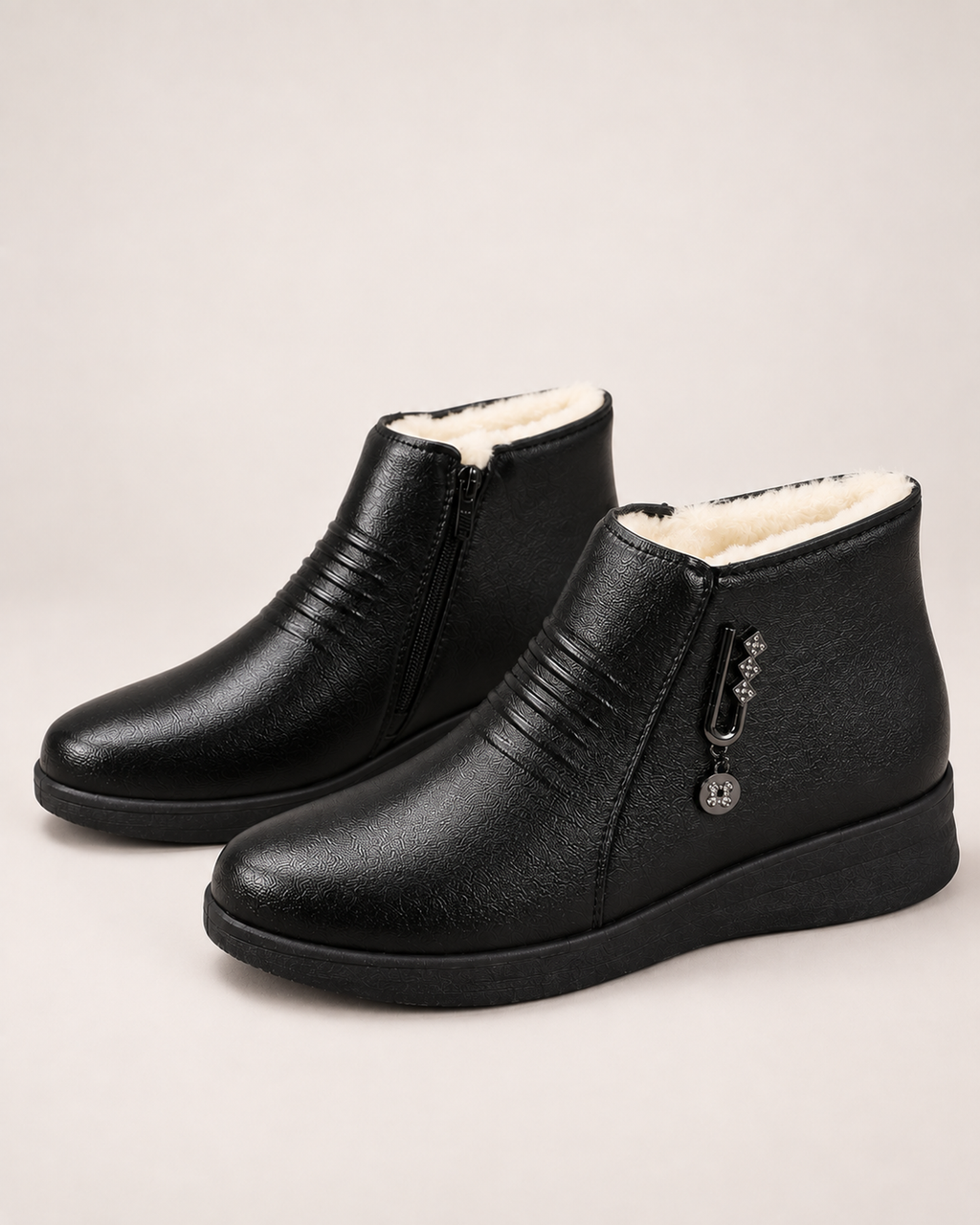Women’s Ankle Boots with Fleece Lining and Side Zip in Black, product only view