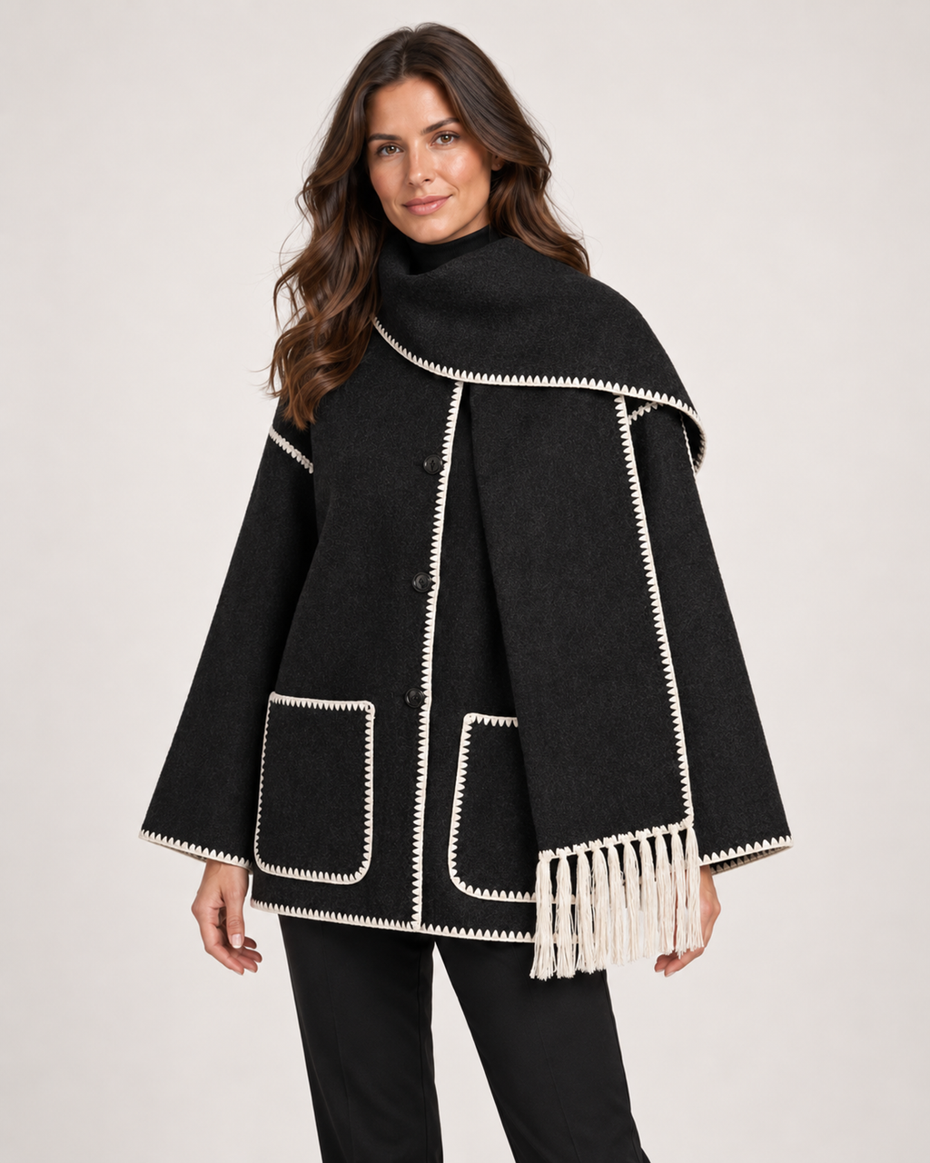 Women’s Cape Coat with Scarf Collar in Black & White, short outerwear product focus view