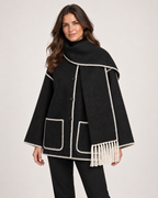 Women’s Cape Coat with Scarf Collar in Black & White, short outerwear product focus view