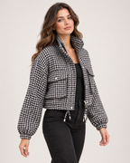 Women’s Checked Jacket with Cropped Shape and Utility Pockets in Black & White, short outerwear product focus view